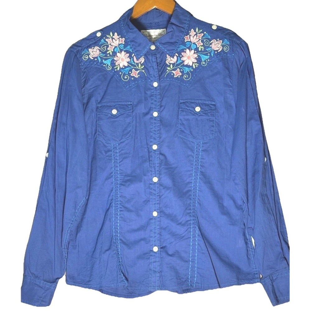 Panhandle Slims Embroidered Western Shirt Women's Size‎ M Blue Floral
